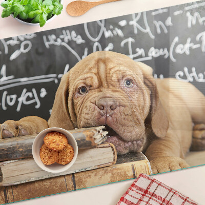 Glass cutting board Dog with books and a blackboard