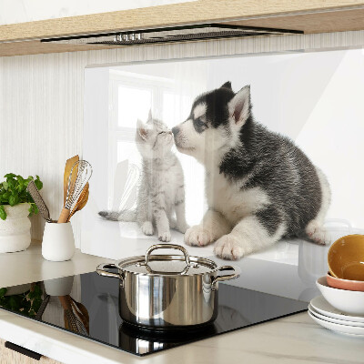 Glass kitchen board Kitten and puppy in friendship