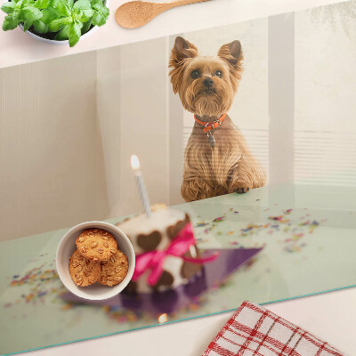 Glass chopping board A dog at the table with a cake