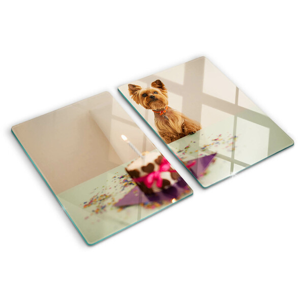 Glass chopping board A dog at the table with a cake