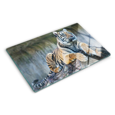 Glass chopping board Tiger on a tree trunk