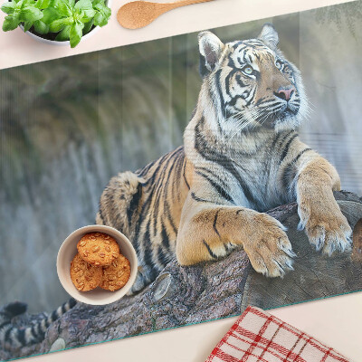 Glass chopping board Tiger on a tree trunk