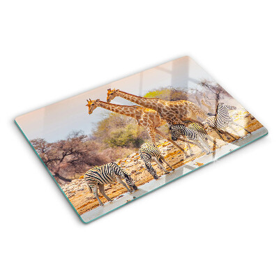 Chopping board glass Zebra and giraffe in their natural habitat
