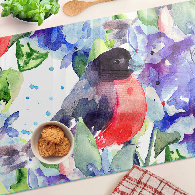 Chopping board glass A bird against a background of flowers