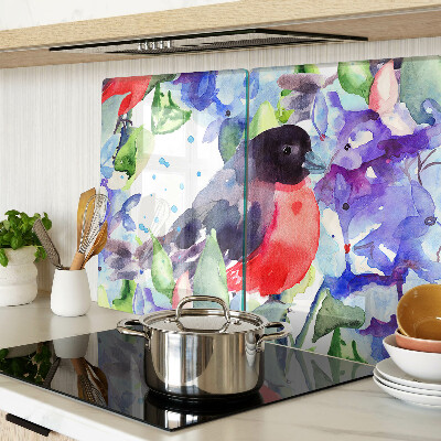 Chopping board glass A bird against a background of flowers