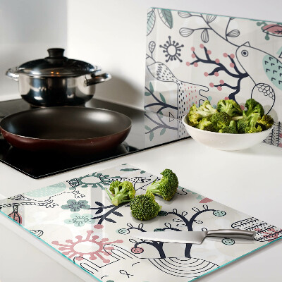 Glass chopping board Forest fauna and flora motif