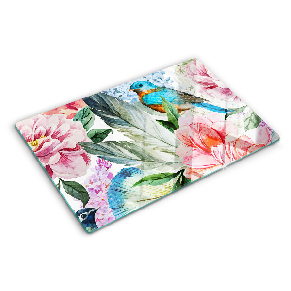 Chopping board glass Flowers and birds in watercolor