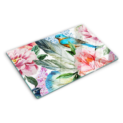 Chopping board glass Flowers and birds in watercolor