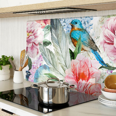 Chopping board glass Flowers and birds in watercolor