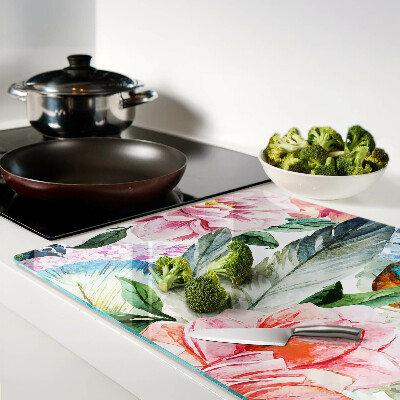 Chopping board glass Flowers and birds in watercolor