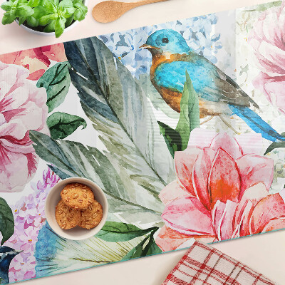 Chopping board glass Flowers and birds in watercolor