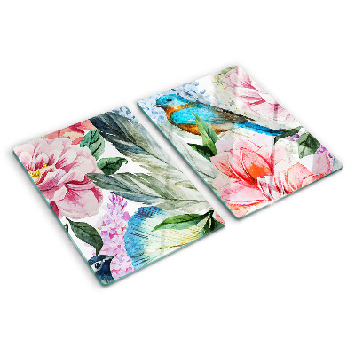 Chopping board glass Flowers and birds in watercolor