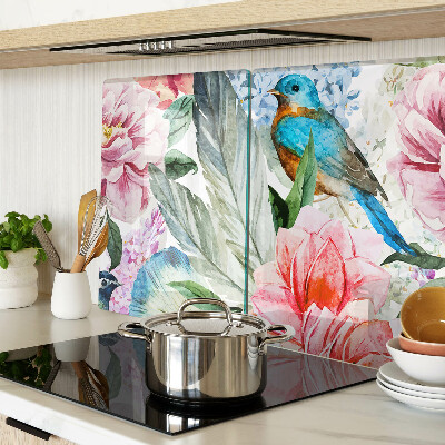 Chopping board glass Flowers and birds in watercolor