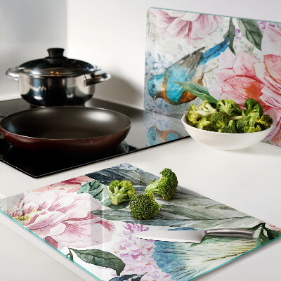 Chopping board glass Flowers and birds in watercolor