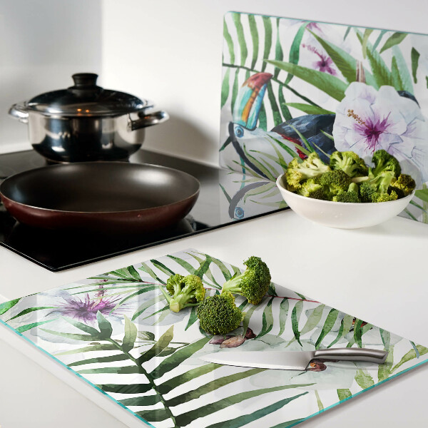 Glass cutting board Tropical motif with birds and plants