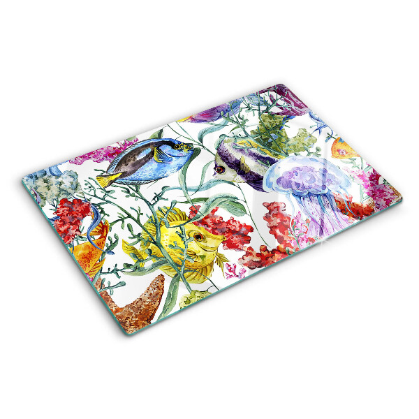 Chopping board glass Sea theme with fish and jellyfish