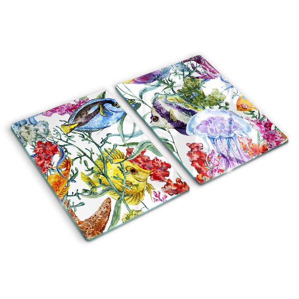 Chopping board glass Sea theme with fish and jellyfish