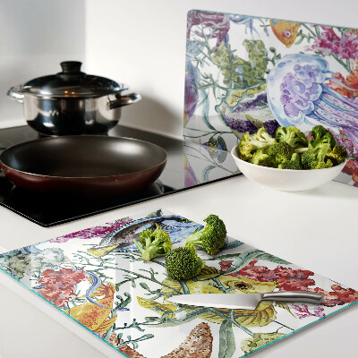Chopping board glass Sea theme with fish and jellyfish