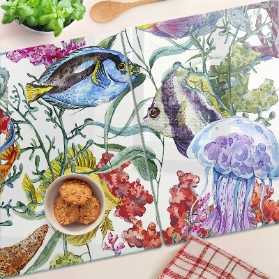 Chopping board glass Sea theme with fish and jellyfish