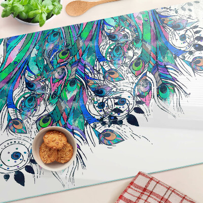 Chopping board Peacock feathers in green and blue
