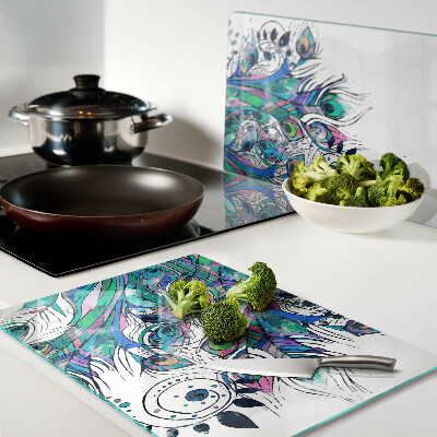 Chopping board Peacock feathers in green and blue