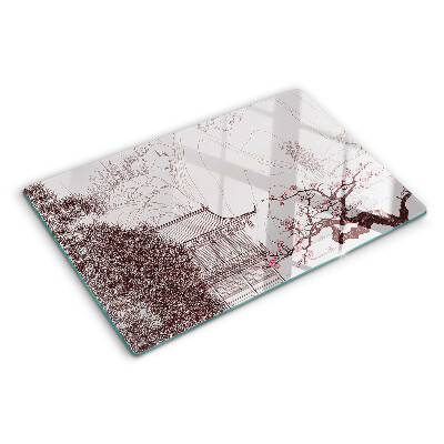 Glass cutting board Mountain landscape with flowering trees