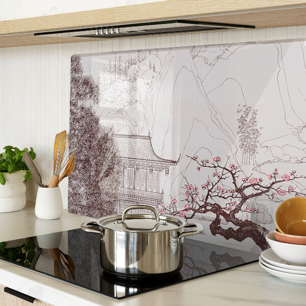 Glass cutting board Mountain landscape with flowering trees