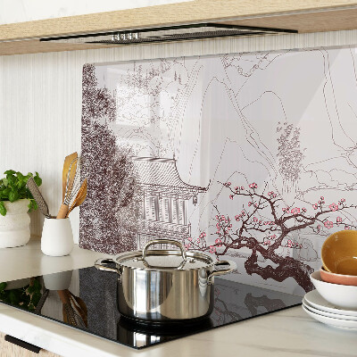 Glass cutting board Mountain landscape with flowering trees