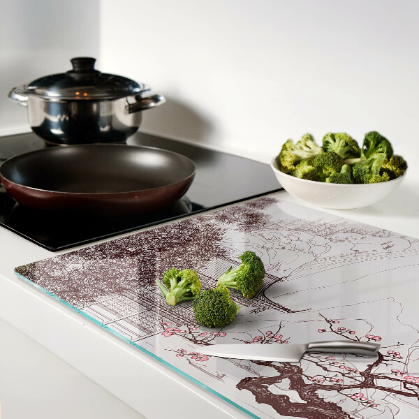 Glass cutting board Mountain landscape with flowering trees