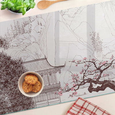 Glass cutting board Mountain landscape with flowering trees