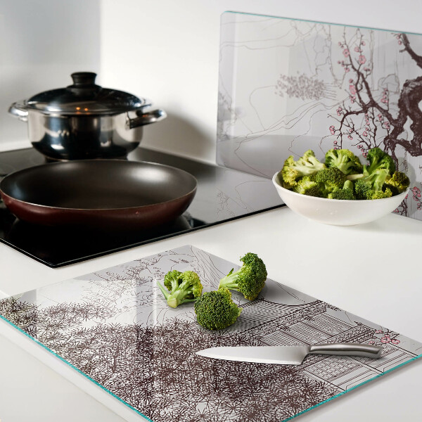 Glass cutting board Mountain landscape with flowering trees