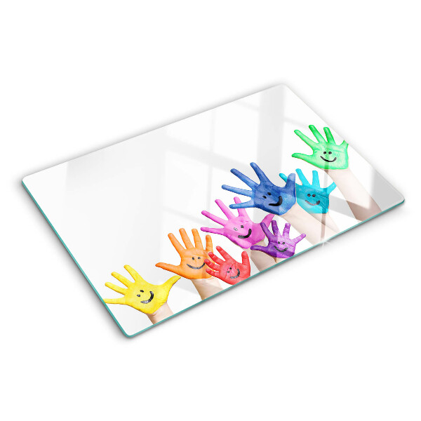 Glass cutting board Colorful smiling hands