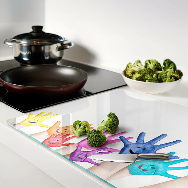Glass cutting board Colorful smiling hands