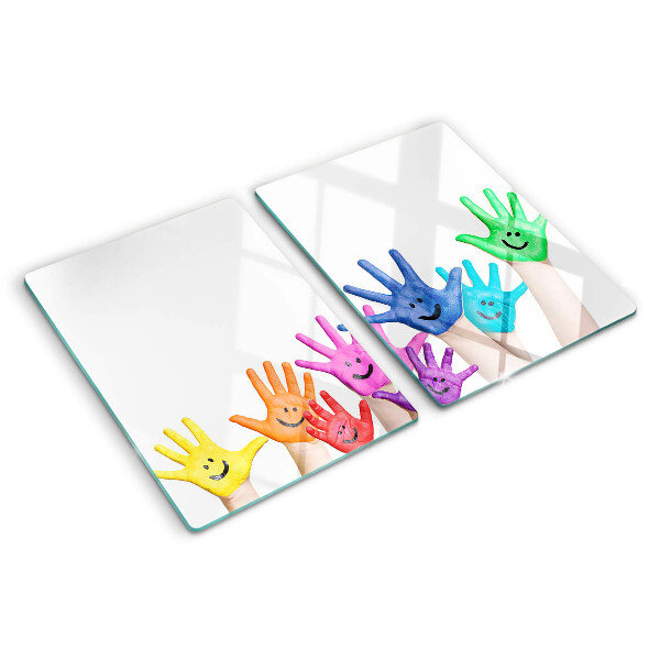 Glass cutting board Colorful smiling hands