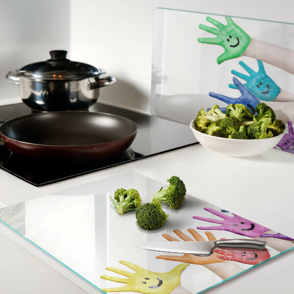Glass cutting board Colorful smiling hands