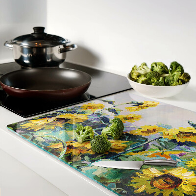 Glass kitchen board Sunflowers in the garden