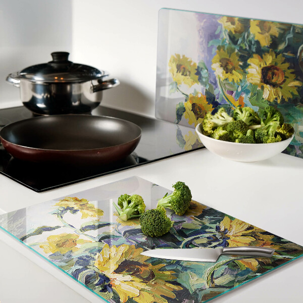 Glass kitchen board Sunflowers in the garden