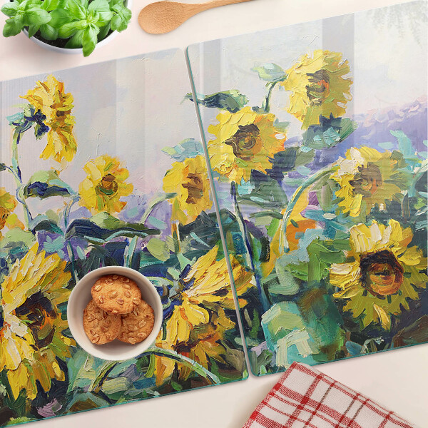 Glass kitchen board Sunflowers in the garden