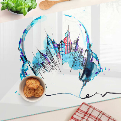 Cutting board Headphones with a cityscape