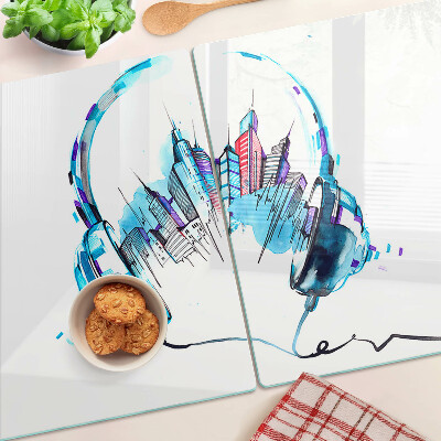 Cutting board Headphones with a cityscape