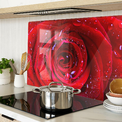 Glass kitchen board Red rose with water drops