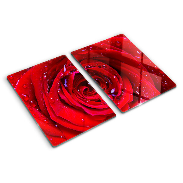 Glass kitchen board Red rose with water drops