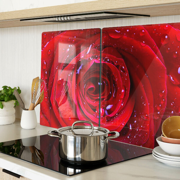 Glass kitchen board Red rose with water drops