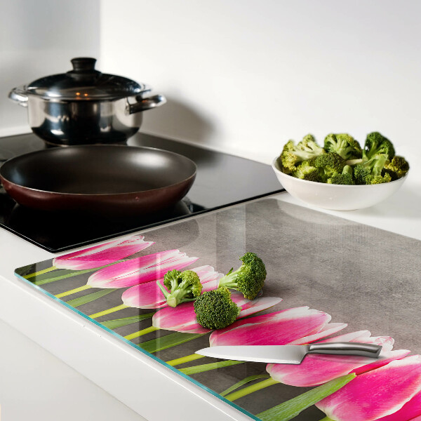 Cutting board Tulips on a gray background