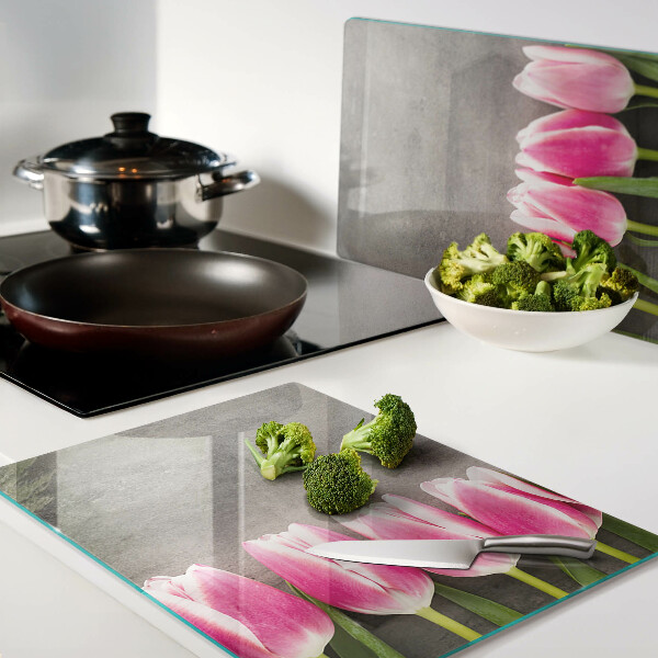 Cutting board Tulips on a gray background