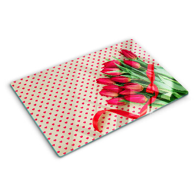Cutting board Tulips with hearts and ribbon