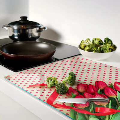 Cutting board Tulips with hearts and ribbon