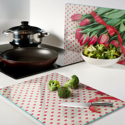 Cutting board Tulips with hearts and ribbon