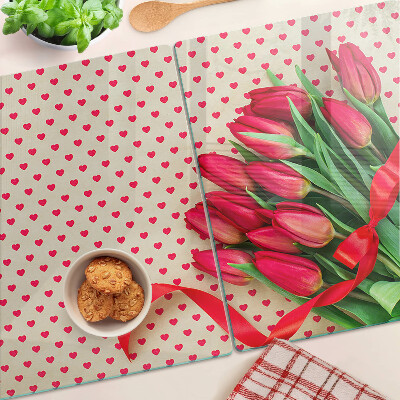 Cutting board Tulips with hearts and ribbon