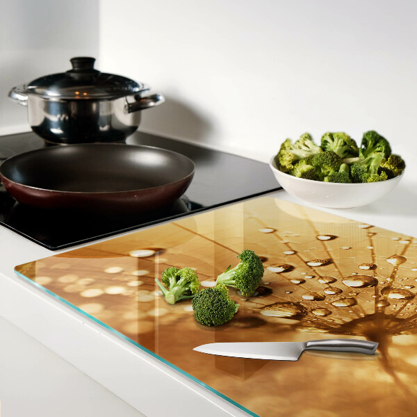 Glass cutting board Water drops on a dandelion
